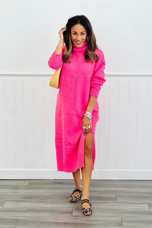 Pink Turtleneck Midi Sweater Dress (Reg & Plus)