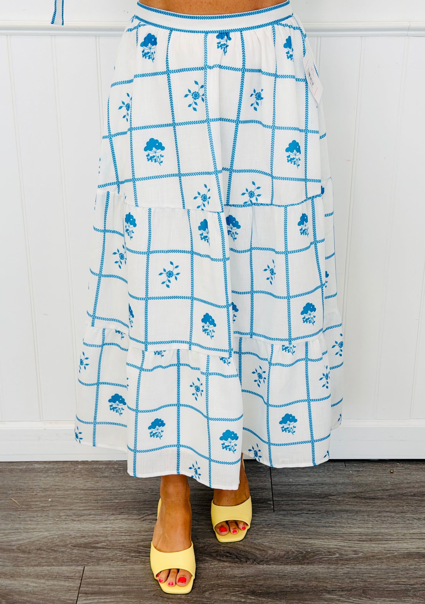 Ivory/Blue Floral Tiered Midi Skirt (Reg & Plus)