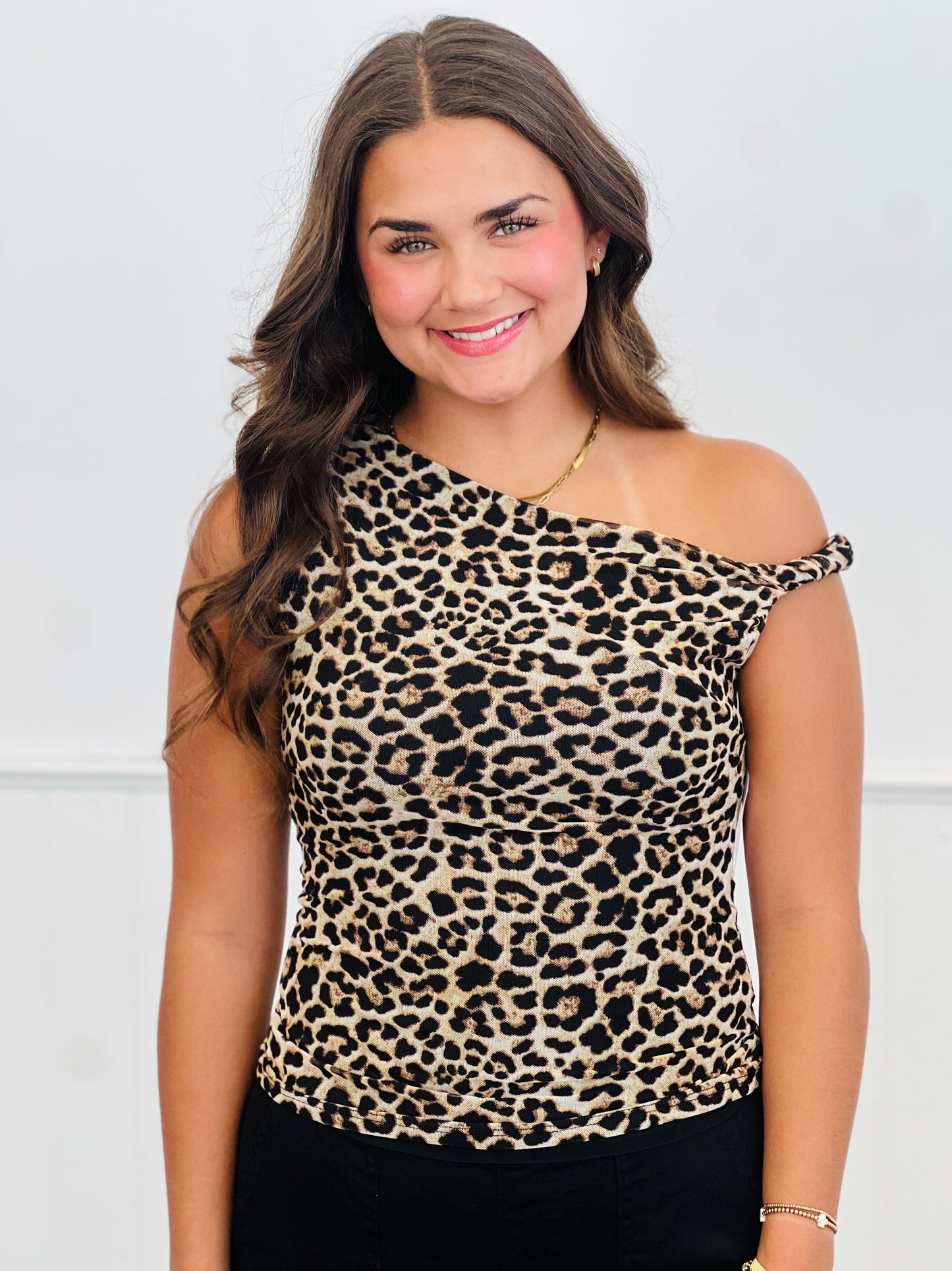 Leopard One Shoulder Fitted Top (Reg. and Plus)