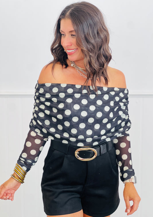 Black/Cream Dot Off Shoulder Mesh Top (Reg.)