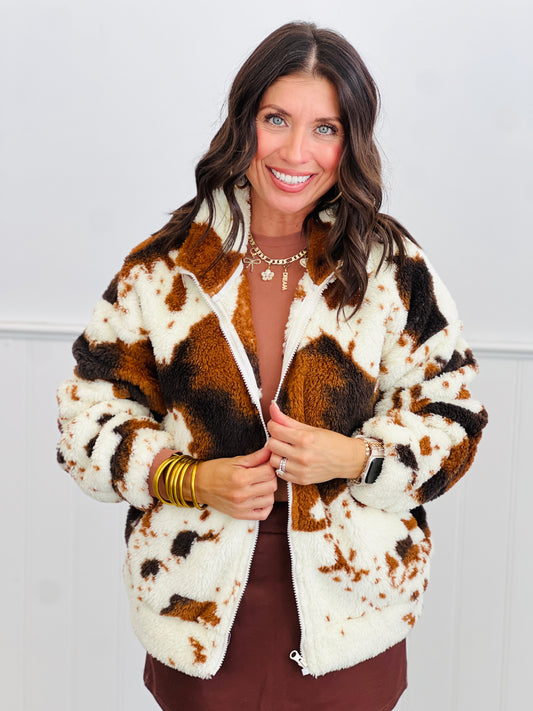 Brown Multi Cow Print Faux Fur Zip Up Jacket (Reg. and Plus)