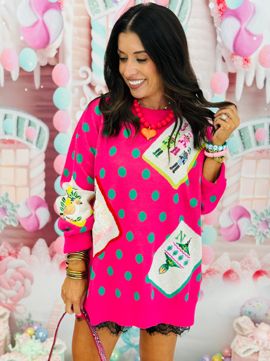 Queen Of Sparkles Pink & Green Polka Dot Christmas Mahjong Tile Sweater (Reg. & Plus)