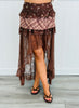 Brown Sheer Lace Print Hi-Lo Maxi Skirt (Reg & Plus)