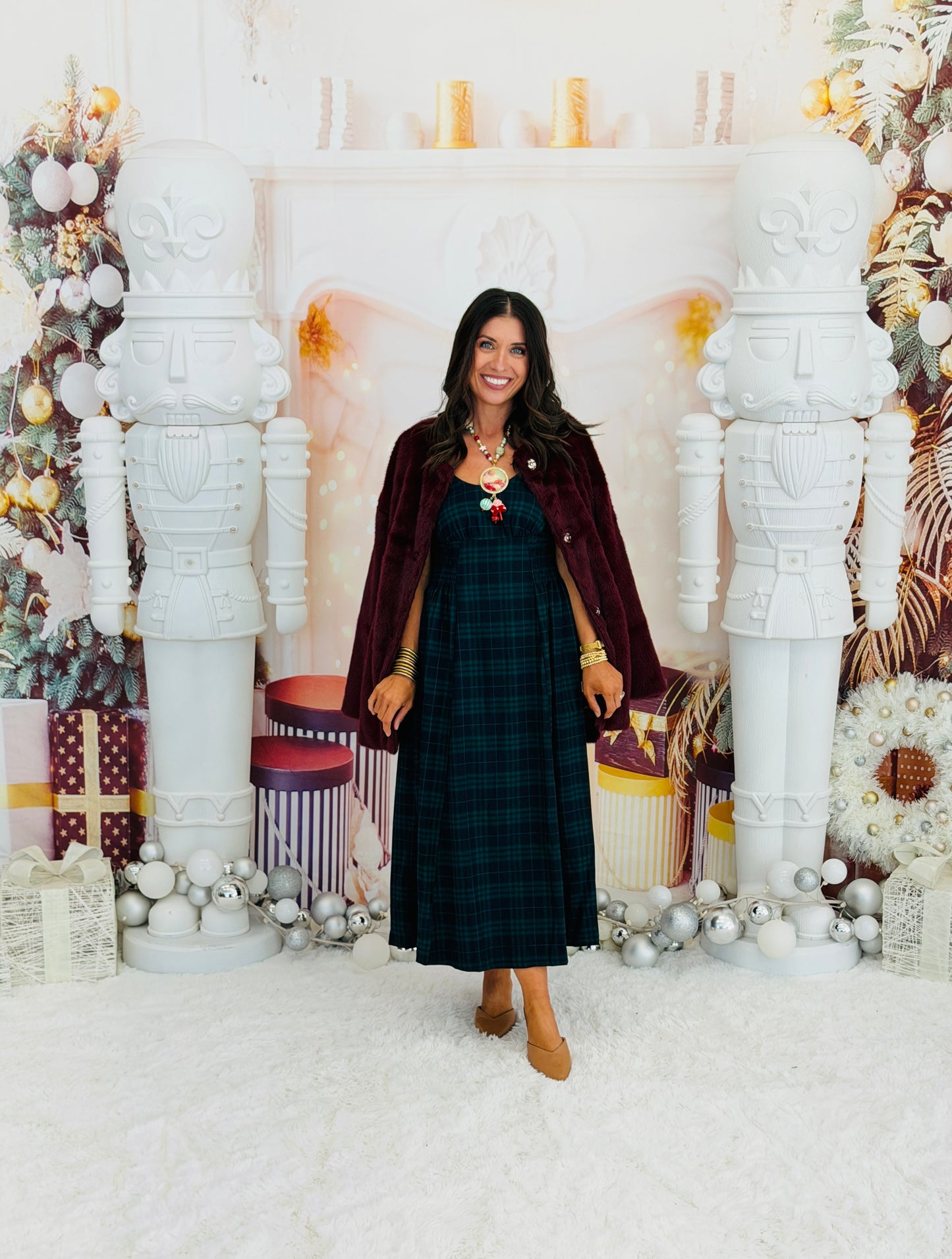 Burgundy Belted Faux Fur Round Neck Coat (Reg.)
