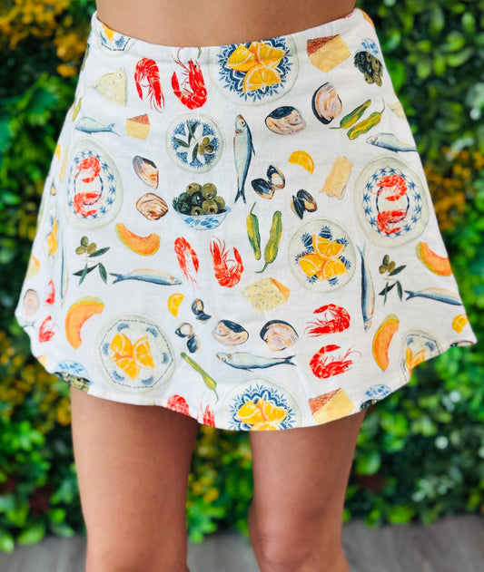 White Multi Food Printed Mini Skort (Reg.)