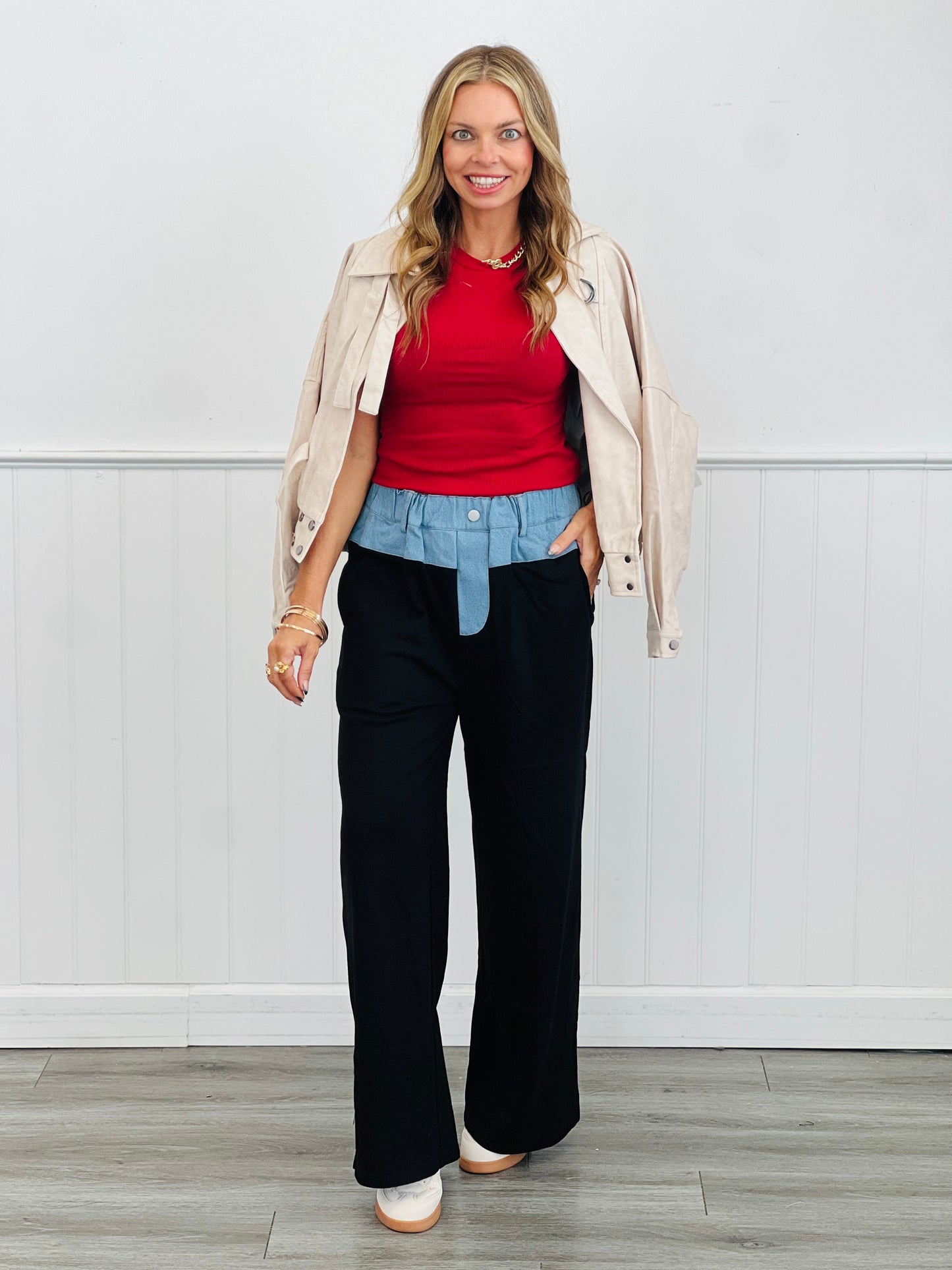 Black Contrast Waist Wide-leg Pants (Reg & Plus)