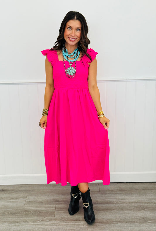 Hot Pink Flare Sleeve Midi Dress (Reg & Plus)