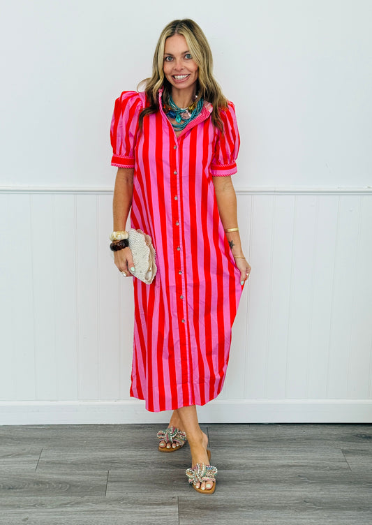 Pink Striped Midi Shirt Dress (Reg & Plus)