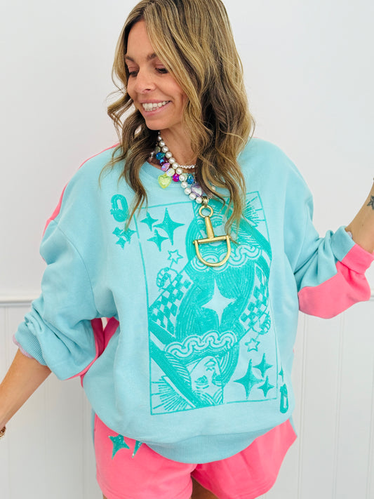 Queen Of Sparkles Aqua & Pink Colorblock QOS Logo Sweatshirt (Reg. and Plus)