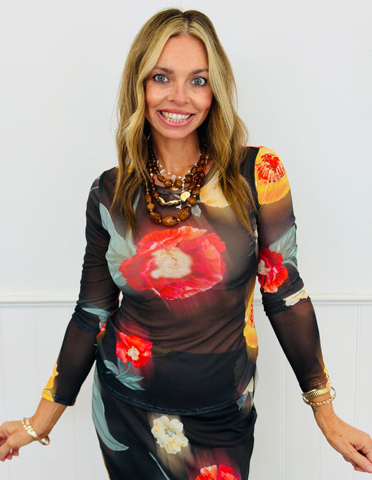 Black/Red Floral LS Mesh Top (Reg. and Plus)