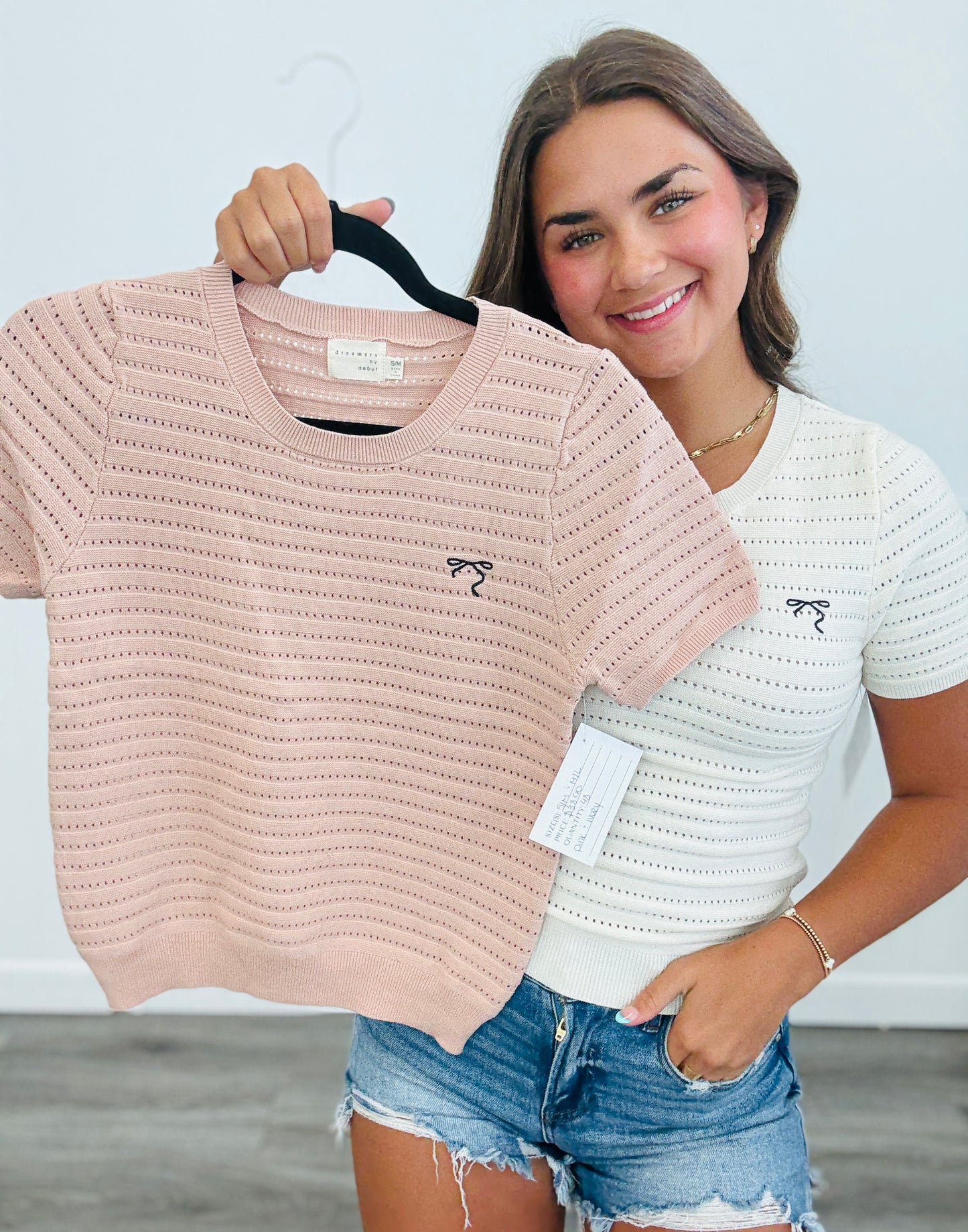 Pointelle Knit Embroidered Bow Top (Reg.)-2 Colors