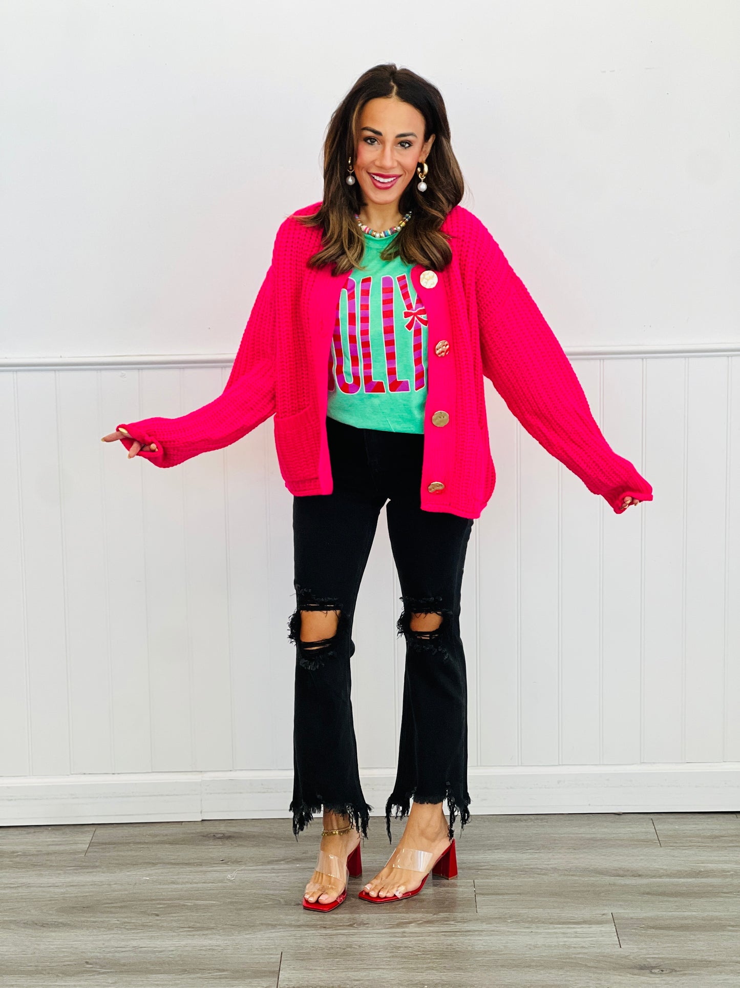 Hot Pink Chunky Button Sweater Cardigan (Reg.)