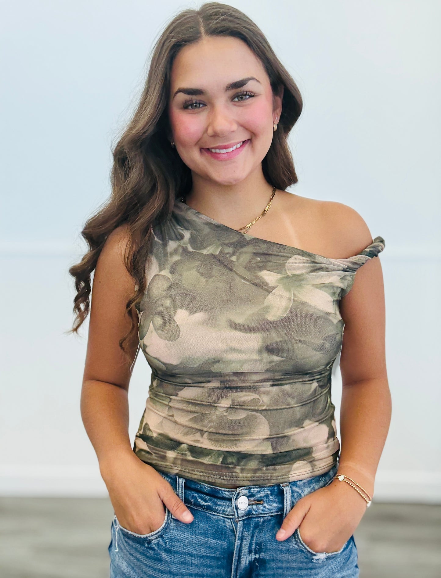 Olive Floral One Shoulder Fitted Top (Reg.)