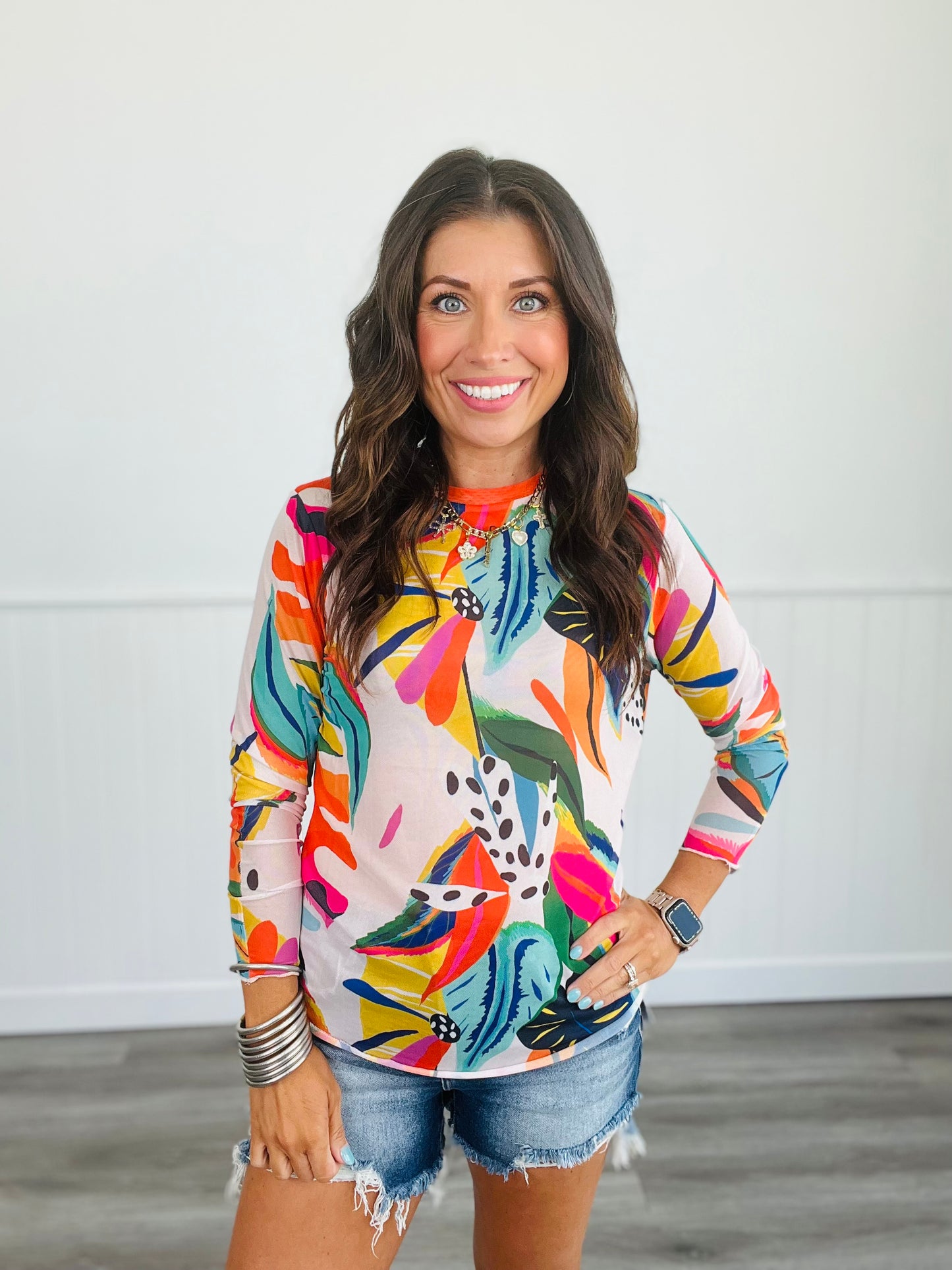 Tropical Print Mesh Top (Reg. and Plus)