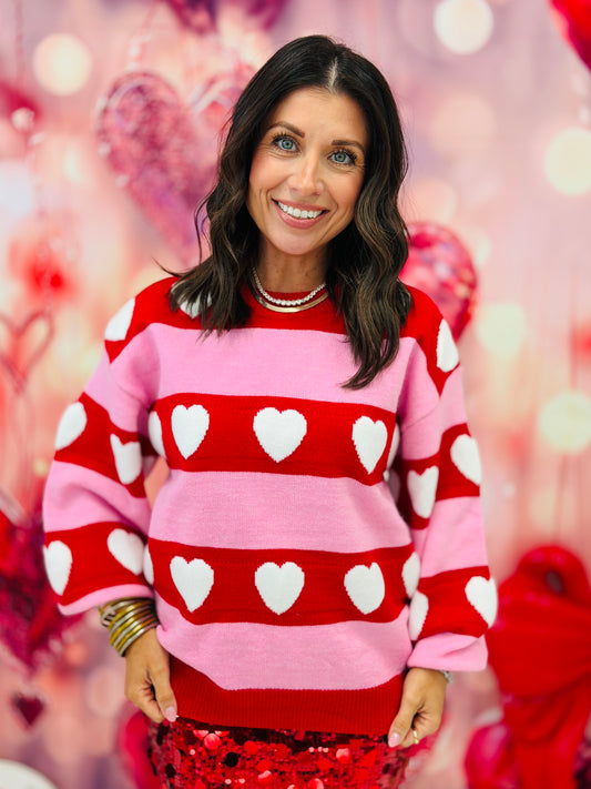 Red/Pink Jacquard Heart Stripe Sweater Top (Reg & Plus)