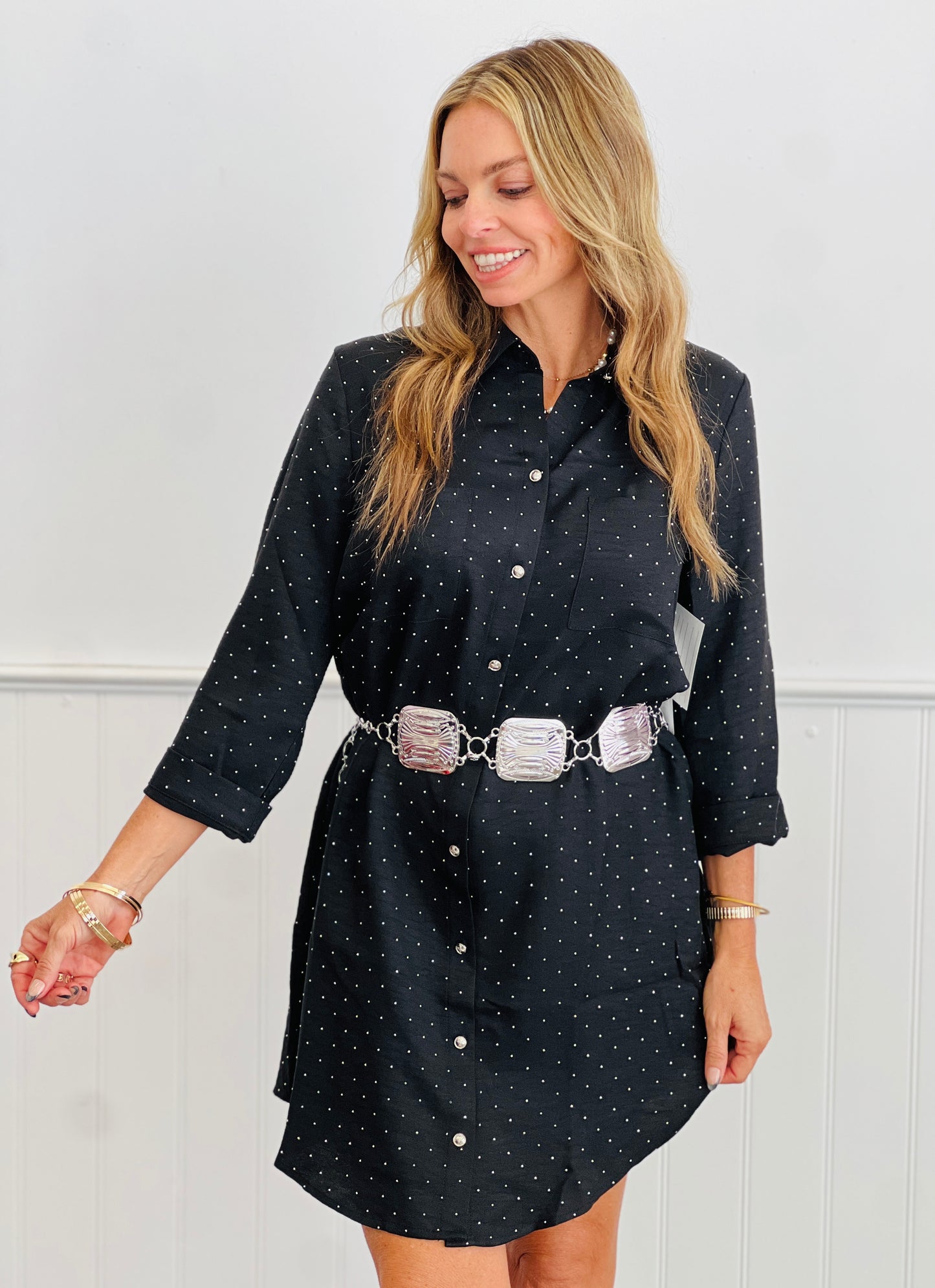 Black Rhinestone Button Down Mini Dress (Reg. and Plus)
