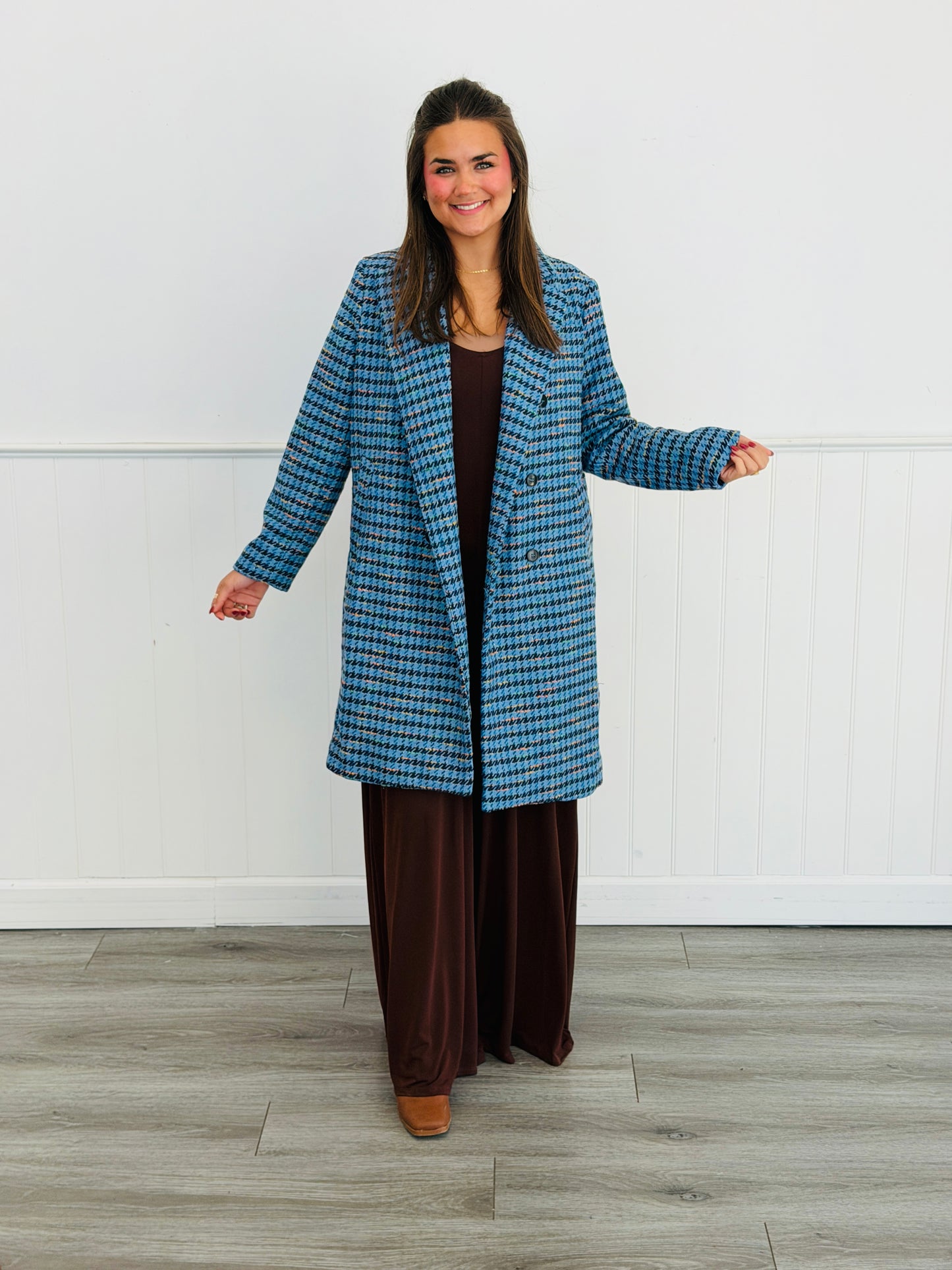 Blue Houndstooth Double Breasted Coat (Reg & Plus)