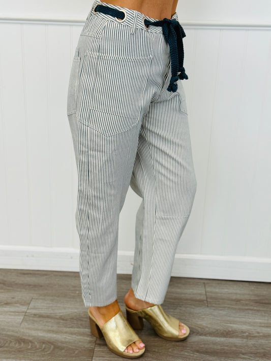 Dusty Blue Striped Grommet Waist Tie Barrel Pants (Reg. and Plus)