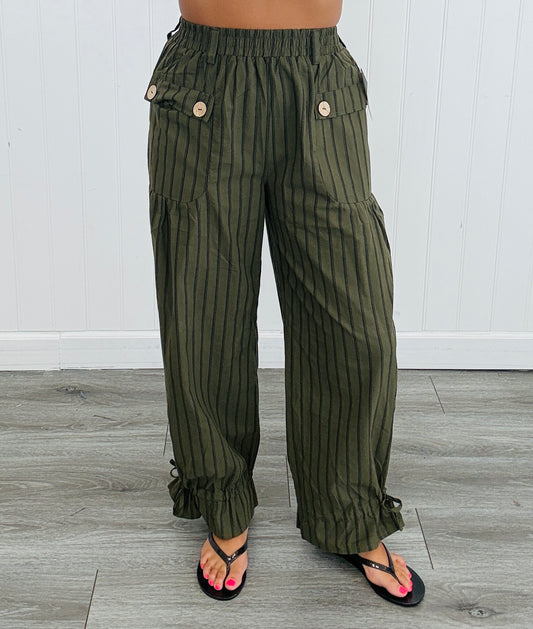 Olive Striped Ruffled Tie Cuff Pants (Reg & Plus)