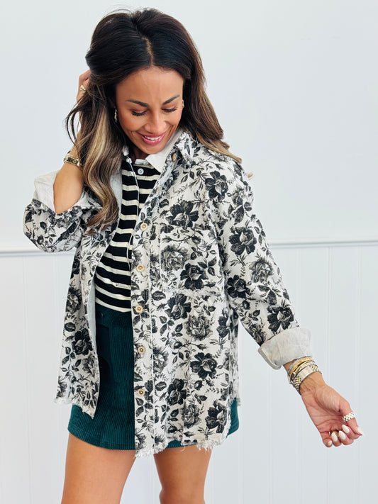 Grey/Black Washed Rose Print Frayed Hem Shirt (Reg.)