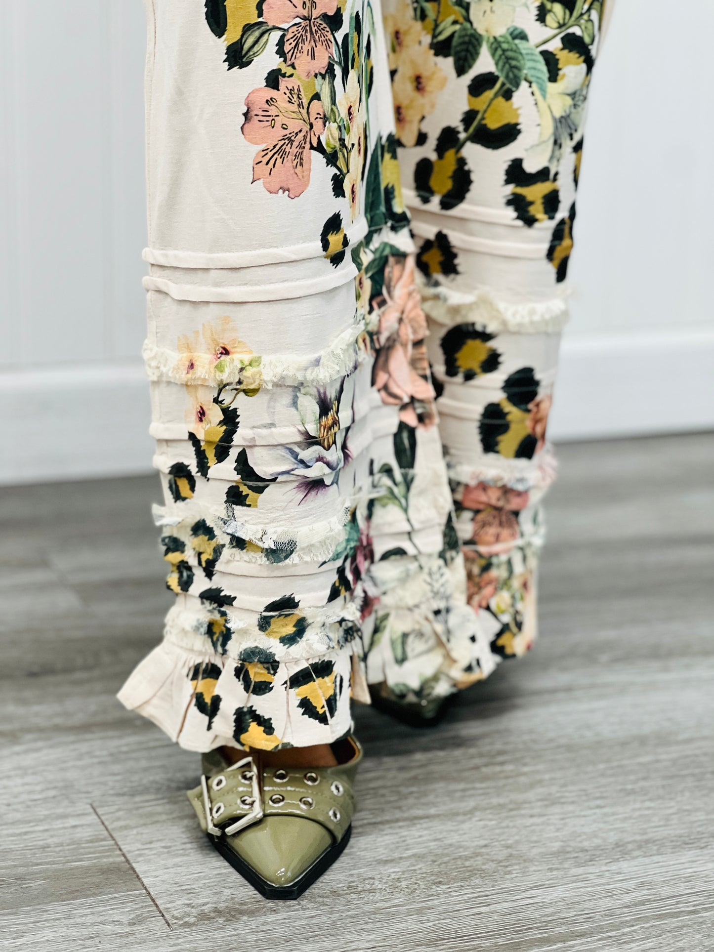 Beige Leopard Floral Ruffle Flowy Pants (Reg. and Plus)