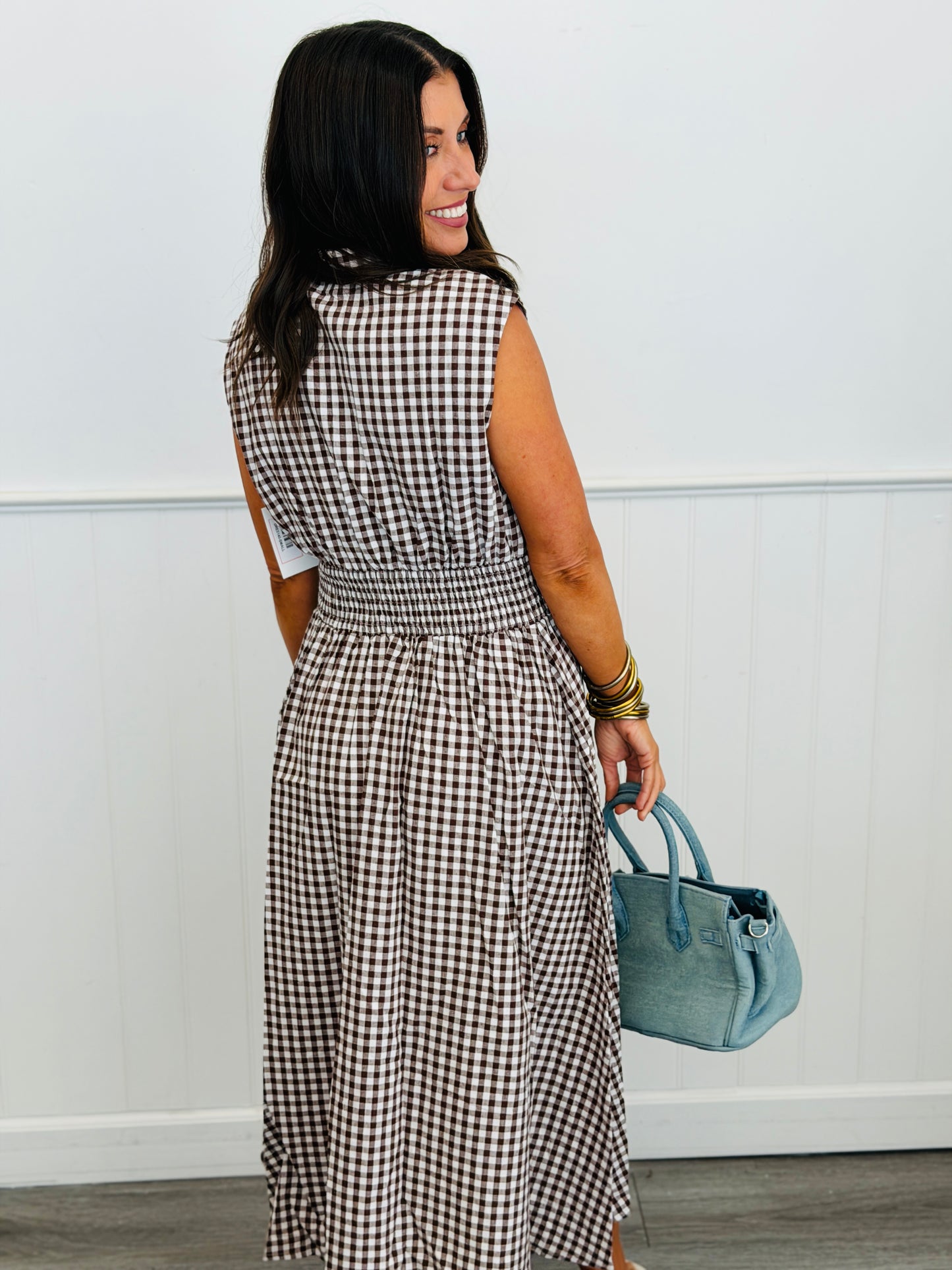 Brown Gingham Sleeveless Midi Dress (Reg & Plus)
