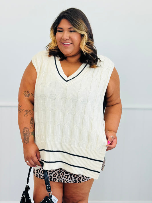 Cream Cable Knit Sweater Vest Top (Reg. and Plus)