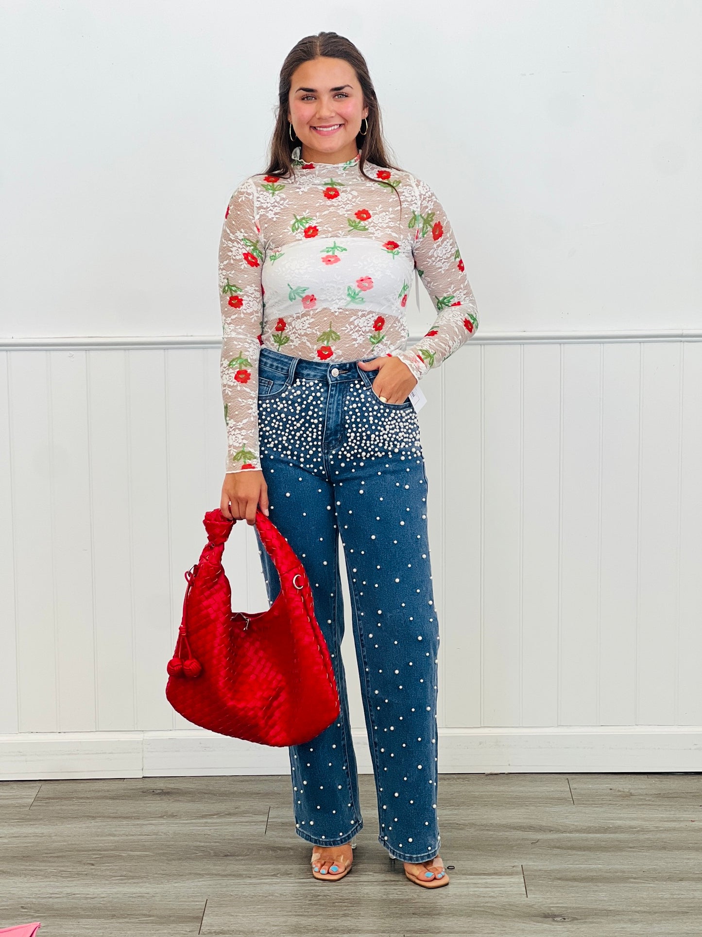 Denim Pearl Embellished Pants (Reg.)