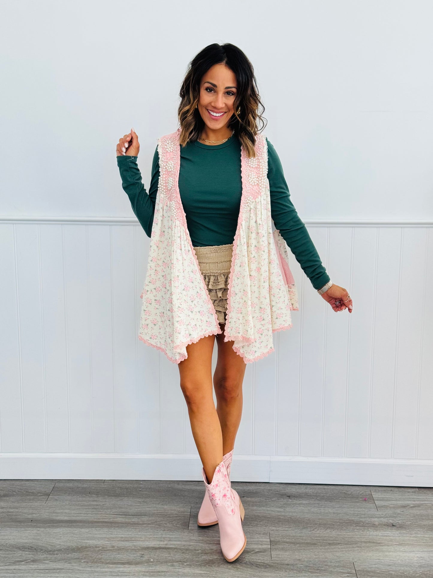 POL Pink Multi Pearl Floral Open Cardigan (Reg)