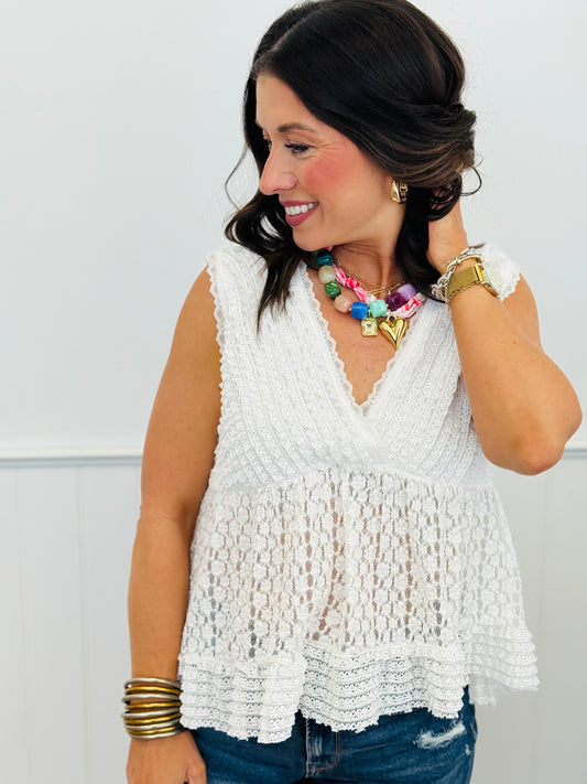 POL Ivory Crochet Ruffled Crop Tank (Reg.)