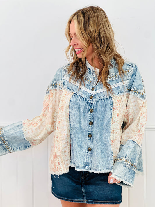 POL Denim Floral Contrast Top (Reg.)