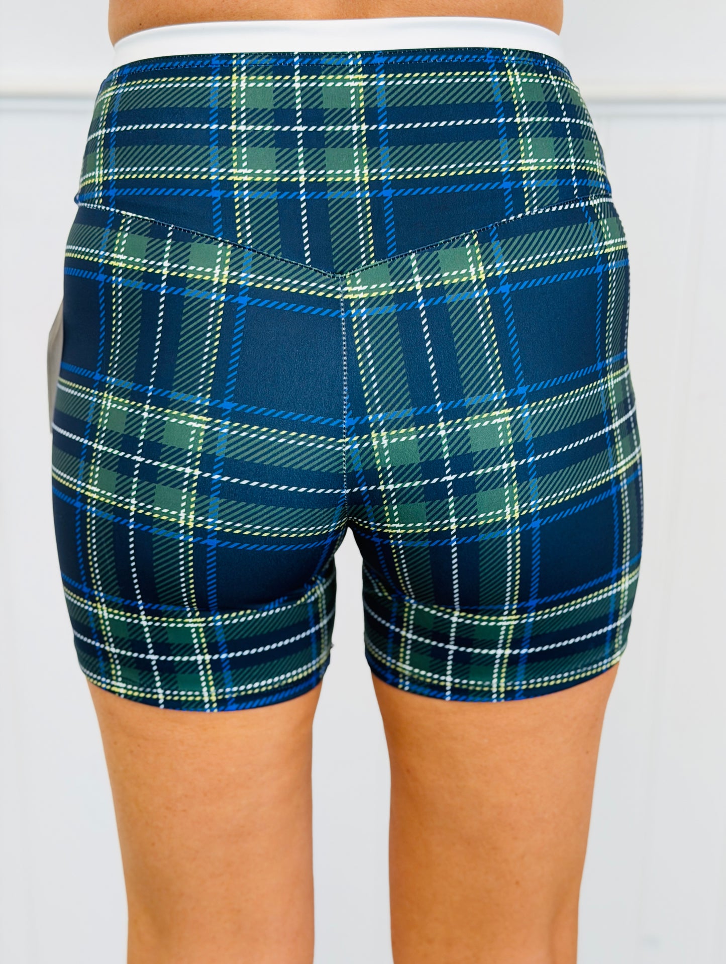 Navy Plaid Contrast Waistband Biker Shorts (Reg.)
