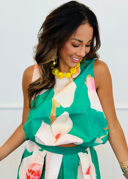 Green Floral Bubble Hem Blouse (Reg.)
