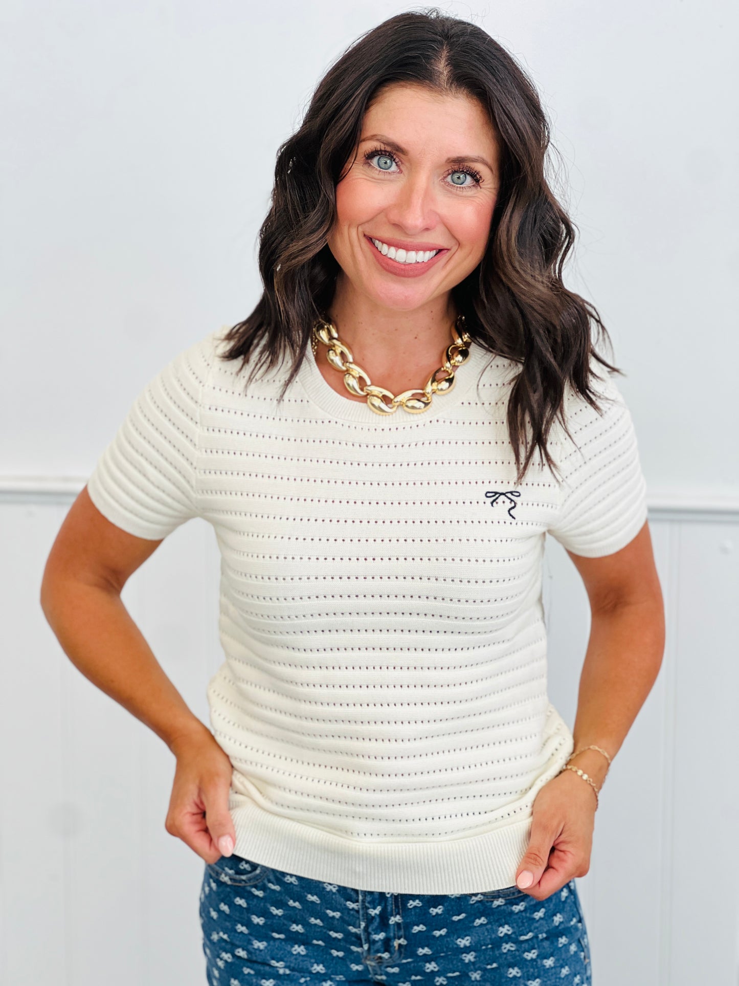 Pointelle Knit Embroidered Bow Top (Reg.)-2 Colors