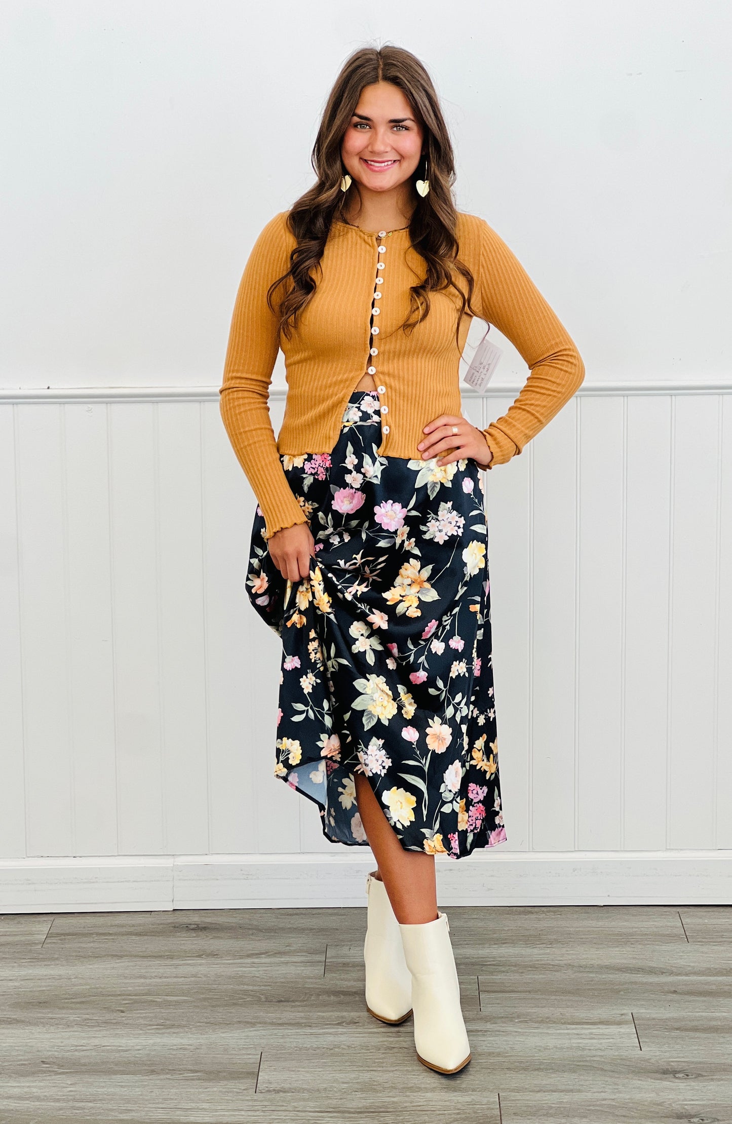 Black/Yellow Floral Satin Midi Skirt (Reg. and Plus)