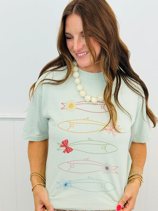 Mint Bowtie Fish Line Graphic Tee (Reg. and Plus)