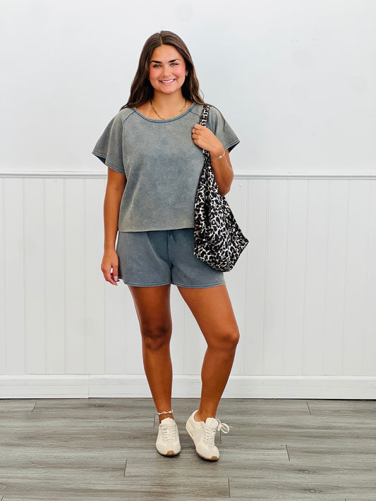 Ashed Denim Blue Top & Shorts Set (Reg & Plus)