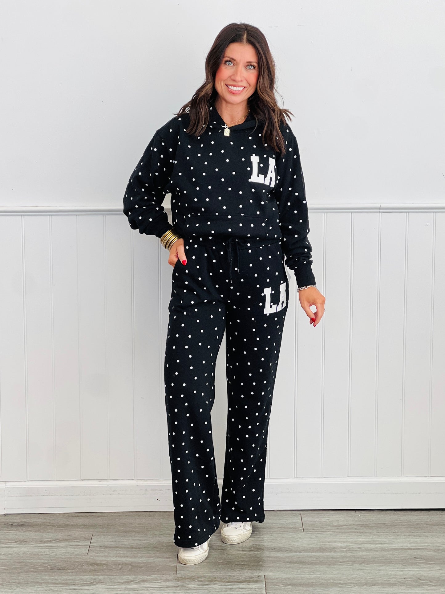 Fleece Polka Dot LA Patch Hoodie Sweatshirt (Reg.)-2 Colors