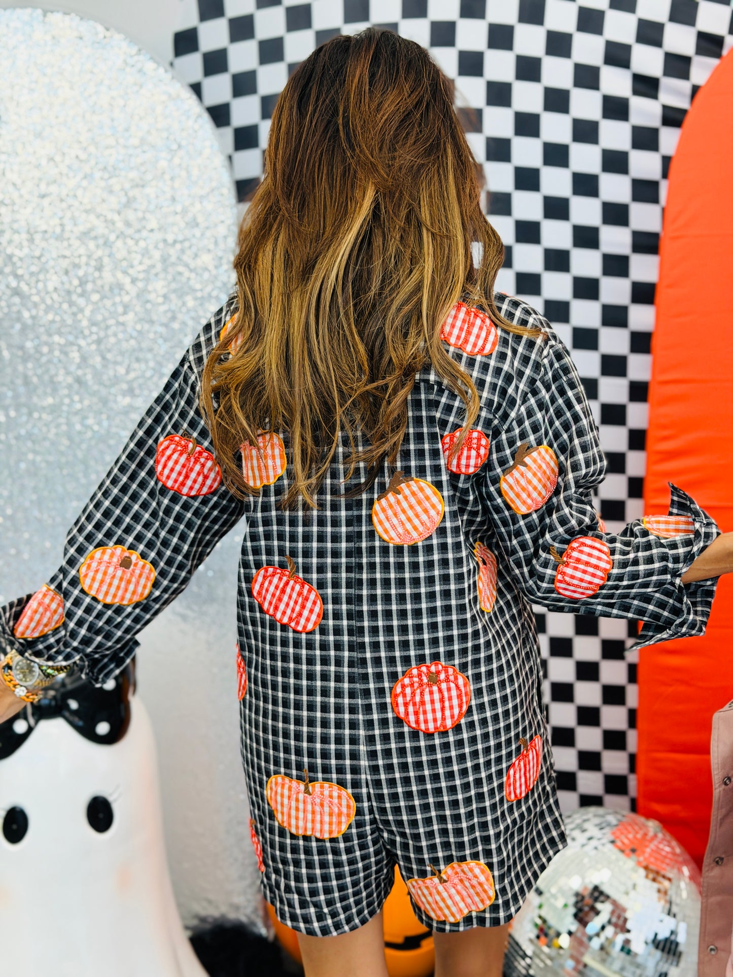Queen Of Sparkles Black & Orange Gingham Pumpkin Button Up Romper (Reg. and Plus)