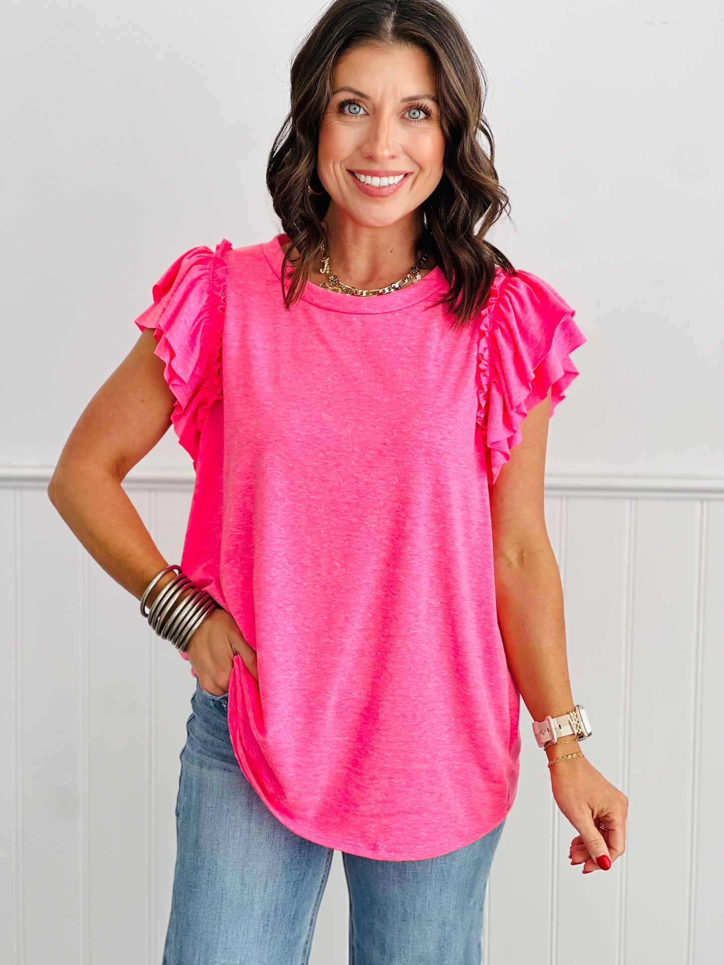 Relaxed Fit Round Neck Ruffle Sleeve Top (Reg. & Plus)- 4 Colors