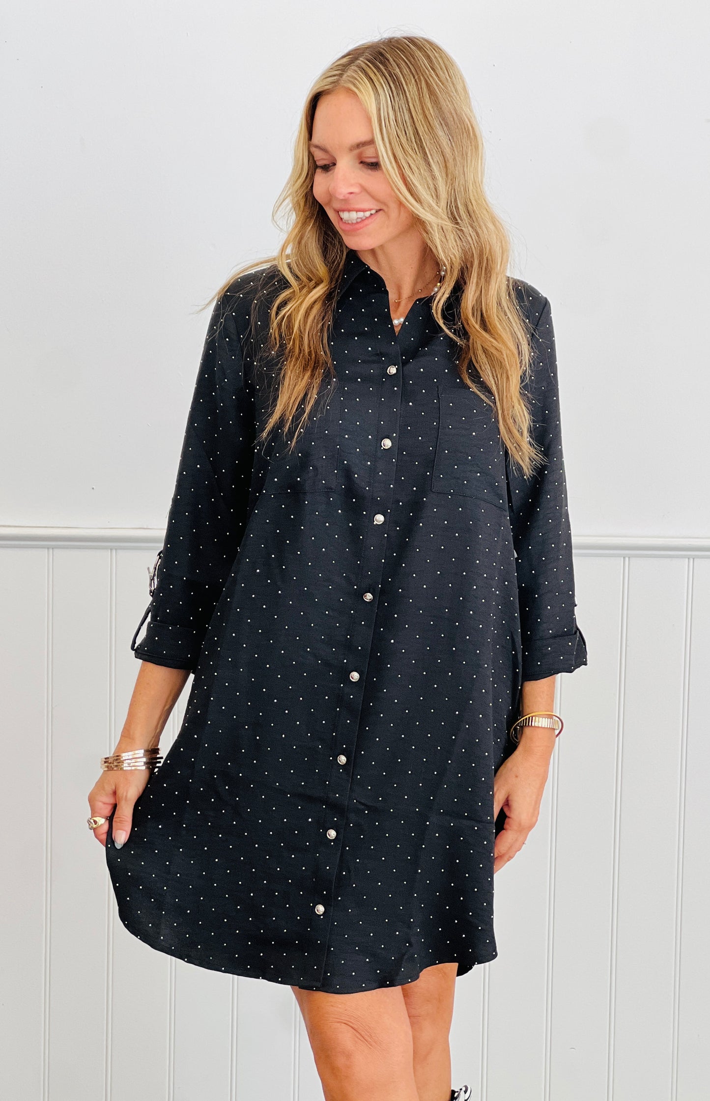 Black Rhinestone Button Down Mini Dress (Reg. and Plus)