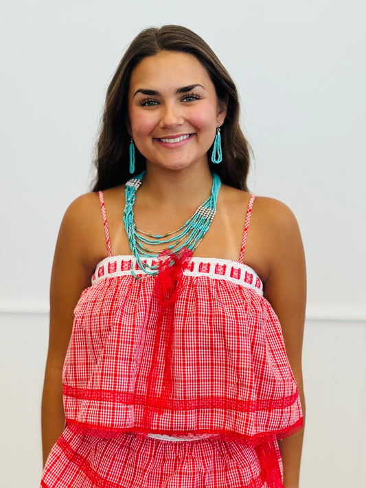 Red Gingham Lace Trim Sleeveless Top (Reg.)