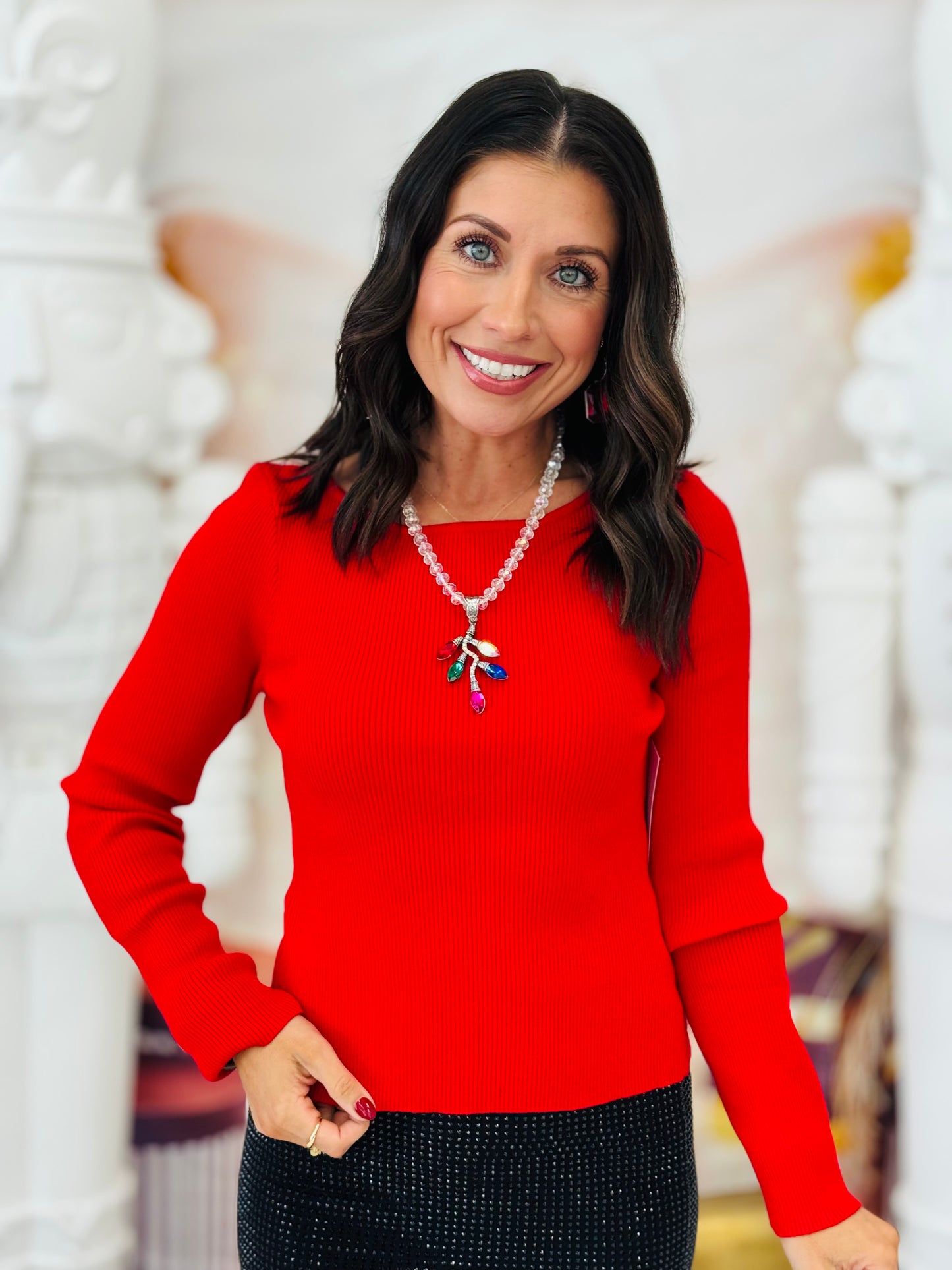 Red/White Double Bow Tie Back Sweater Top (Reg.)