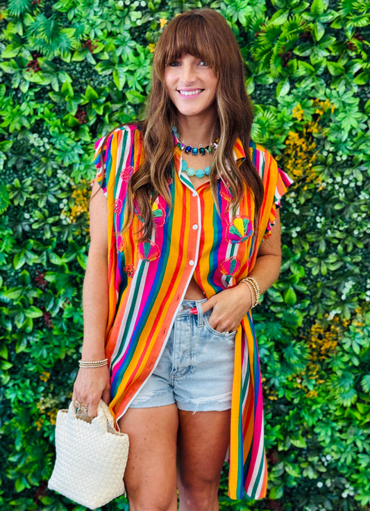 Striped Seashell Ruffle Sleeves Mini Dress (One Size)