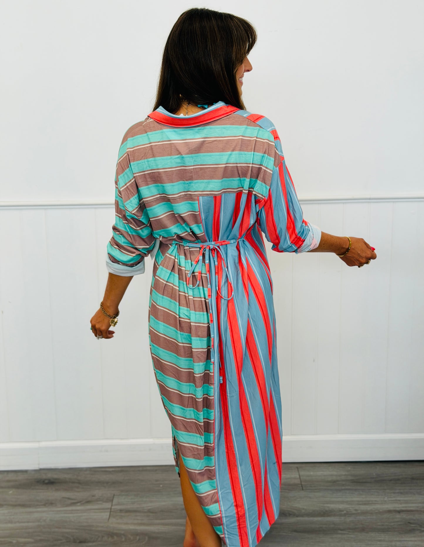 Mint Green Striped Maxi Shirt Dress (Reg & Plus)
