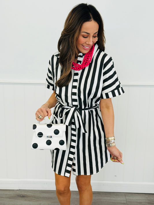 Black Striped Waist Tie Mini Shirt Dress (Reg)