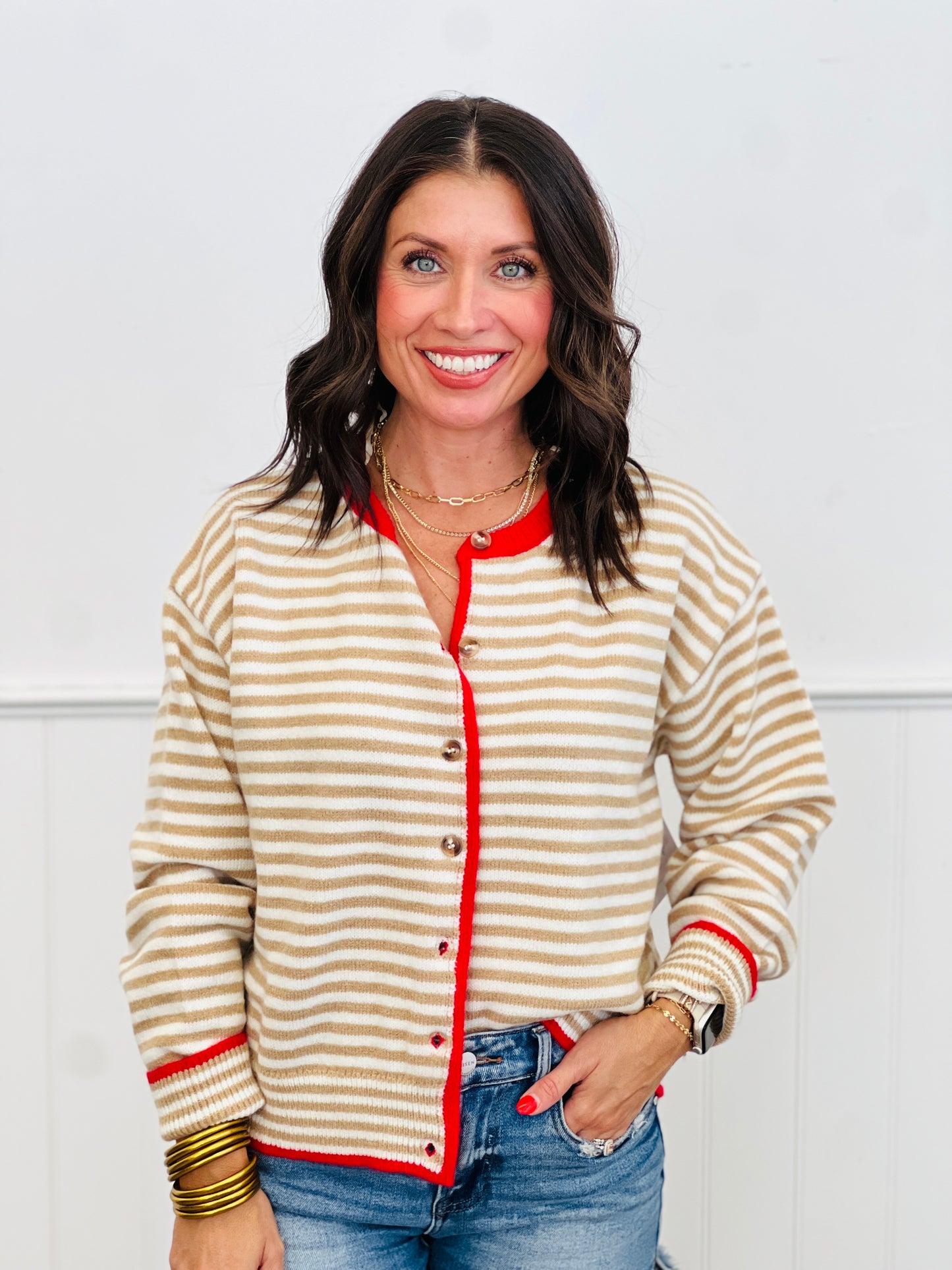 Contrast Stripe Sweater Cardigan (Reg.)-2 Colors