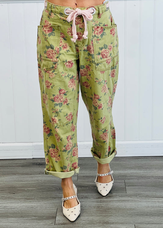 Light Olive Floral Print Braided Waist Belt Pants (Reg.)