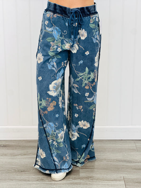 Floral Printed Washed Denim Pants (Reg.)