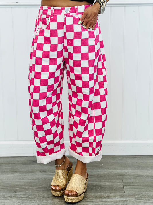 Pink Checkered Print Denim Barrel Pants (Reg. and Plus)